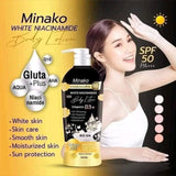 Minako White Niacinamide Body Lotion with SPF 50 on a yellow and black background
