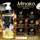 Minako Niacinamide Glutathione plus Body Lotion bottle with features listed on a dark background