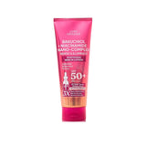 A pink tube of Luxe Organix Bakuchiol + Niacinamide Nano-Complex Whitening Serum Lotion with SPF 50+ protection.