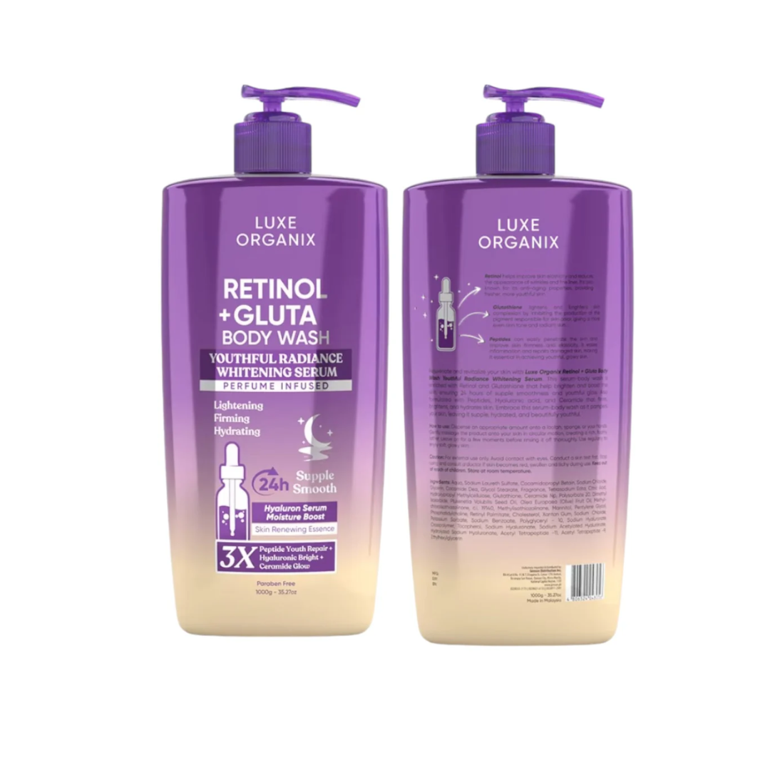 luxe organix glutathione Retinol + Gluta Youthful Radiance Whitening Serum Lotion 350ml it nourishes deeply while lightening the skin for a more even tone. Luxe Organix Milk + Gluta