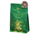 A green package of Ryxskin Coffee Premium Arabica & Robusta Blend with a gold and white label, 10 sachets per package.