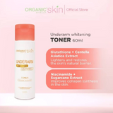 Organic Skin underarm whitening toner bottle with product details on a pink background