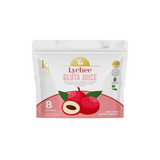 Packaging of Luxe Slim Lychee Gluta Juice with 8 sachets. The package is white with an image of lychees and a leafy design, and it states 'Dietary Supplement' on the front.