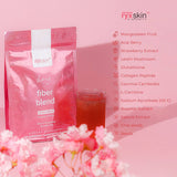 Pink package of ryxskin fiber blend with a glass of red drink and pink flowers on a pink background.