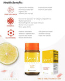 Asco-1 Collagen Advanced supplement with lemon and text on health benefits