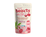 A pink and white packaging of Dear Face Beauty Milk Premium Japanese Lychee Swiss Stemcell Drink, with an image of lychees and a glass of milk, indicating 50,000mg of ingredients.