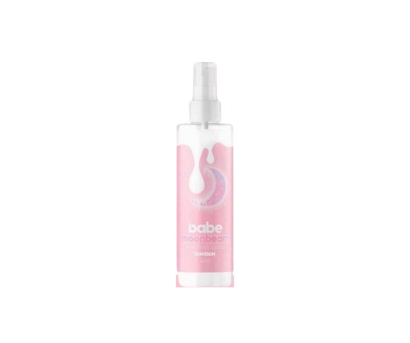 Image of Babe Formula MOONBEAM Hair Spray - 60ml bottle with a spray nozzle on a white background. The label reads 'Babe Formula MOONBEAM Daily Hair Spray' in bold letters with additional information about the product's features and benefits