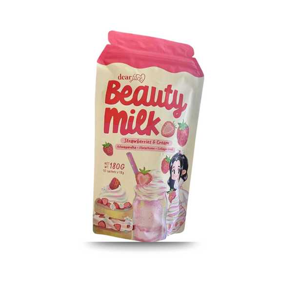 Package of Beauty Milk with strawberry flavor on a white background