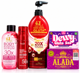 5-piece gluta body care bundle featuring Deli Skin 20X Lotion, Deli Skin 30X Body Booster Serum, The Elf 50X Nano White Dose, ALADA Intensive Soap, and ALADA Dewy Gluta Soap.