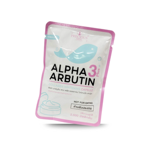 Alpha Arbutin supplement package with pink border on a white background