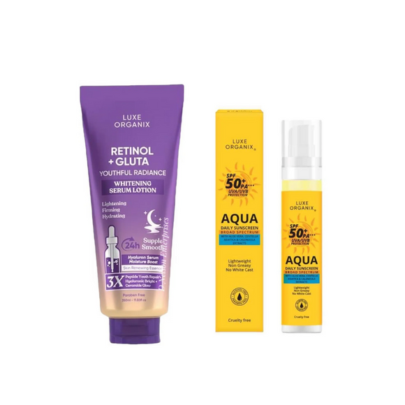 Luxe Organix Retinol + Gluta Whitening Serum Lotion 350ml and Luxe Organix Aqua Daily Sunscreen SPF50+ PA*** UVA/UVB Protection 50ml