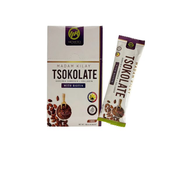 Madam Kilay Tsokolate cocoa drink with Garcinia Cambogia and Collagen sachets.