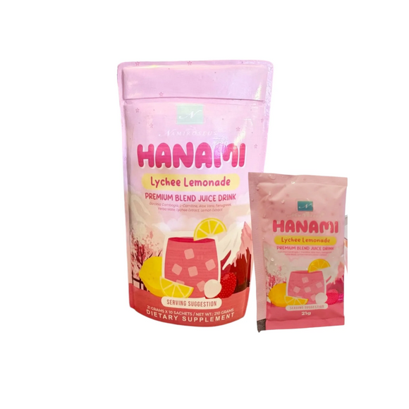 HANAMI Lychee Lemonade bottle with refreshing lychee and lemon blend, featuring Garcinia Cambogia and Aloe Vera for hydration and wellness.