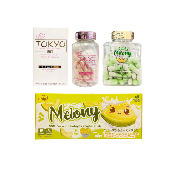 Radiant Skin Trio: Gluta Melony Capsules, Aishi Tokyo Glutathione Capsules, and Aishi Thaikyo MELONY Collagen Booster Drink