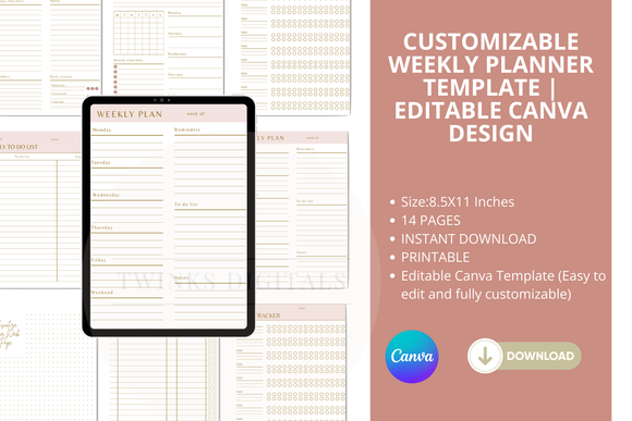 Customizable Weekly Planner Template | Editable Canva Design