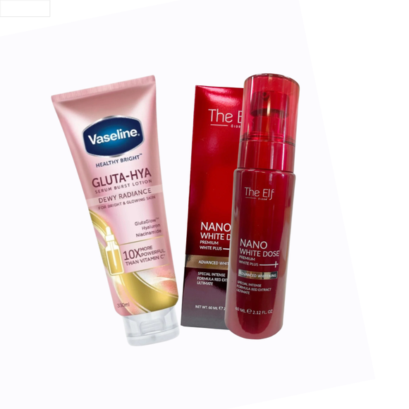 Brightening Skincare Bundle: Elf Nano White Dose Serum 60ml + Vaseline Gluta-Hya Lotion 330ml