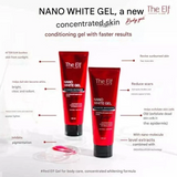 Advertisement for The Elf Nano White Gel with product packaging and benefits listed.