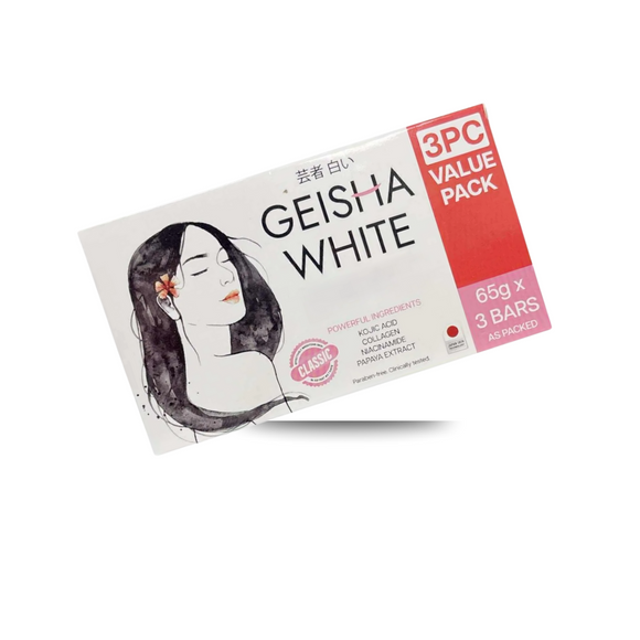 GEISHA WHITE CLASSIC Scar and Blemish Skin Restoration Bar – Kojic Acid, Collagen, Niacinamide & Papaya Extract – 65g x 3 Bars