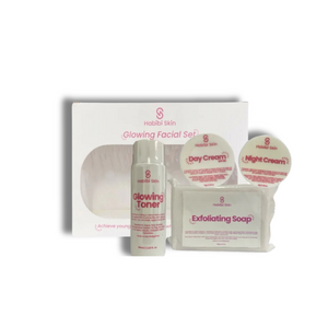 Habibi Skin Glowing Facial Set – Complete 5-in-1 skincare solution featuring exfoliating soap, day cream with SPF 30, night cream, brightening serum, and glowing toner. Achieve radiant, hydrated, and youthful skin.