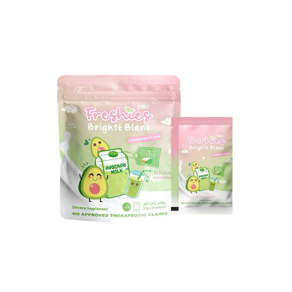Two packages of Freshies Brighte Blanc dietary supplement with avocado illustration on a white background