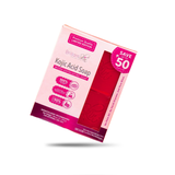 A boxed skincare product labeled Brilliant Skin Kojic Acid Soap, shown at an angle on a white background. The package is predominantly light pink with darker pink and magenta panels, plus a red transparent window area and a pink circular 'SAVE 50' badge.