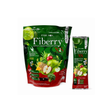 A stand-up pouch and a single stick pack of Jeanne Moon Fiberry supplement, featuring a green and red design with illustrations of fruits like apples, pineapple, and broccoli on a white background.