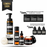 Teashell skincare bundle featuring a foaming cleanser, toning gel, brightening soap, serum, and cream jar, alongside two free mini sample packets of essence cream and niacinamide brightening serum, on a white background.