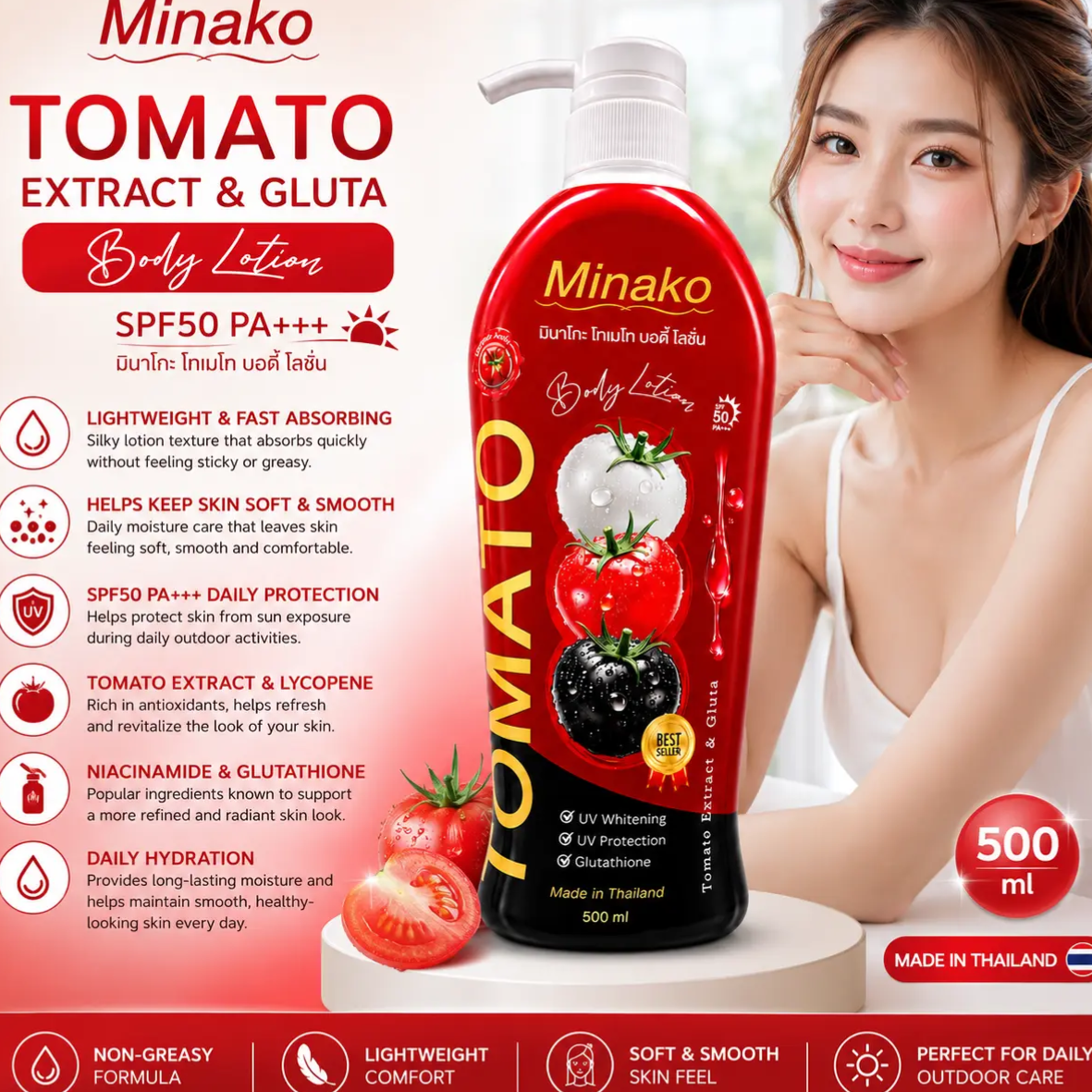 a bonne lotion with glutathione Minako Tomato Extract & Gluta Body 500ml – Niacinamide + SPF50 PA+++ – Skin Vitality USA Sun Cream daily dosage of bpc Bulk Discount:x 30