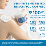 Person applying cream to their arm with product container, text about skin benefits and user testimonials.