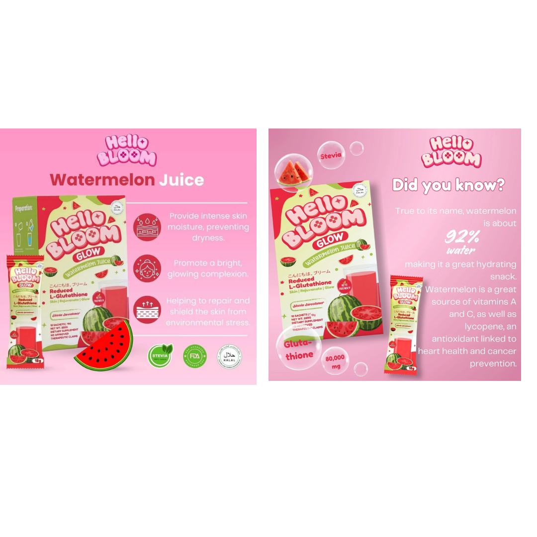 Hello BLOOM GLOW Watermelon Juice Skin Hydration Drink | 10 Sachets Skin Vitality USA Hello BLOOM GLOW Watermelon Juice Skin Hydration Drink | 10 Sachets Skin Vitality USA
